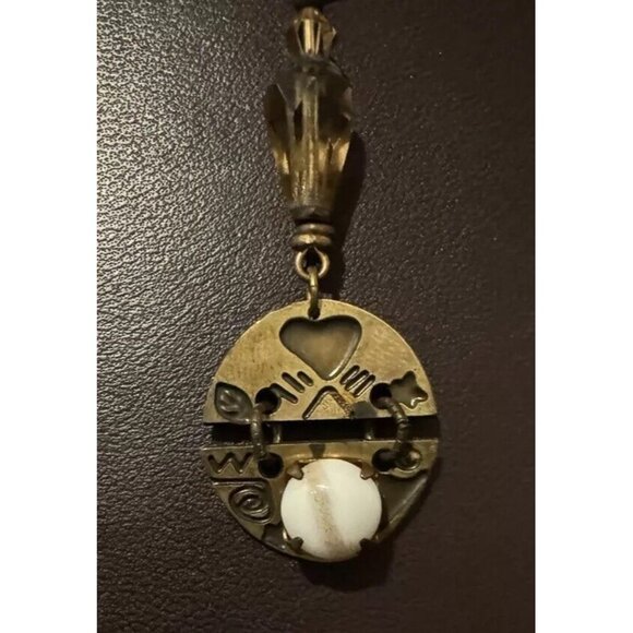 Vtg Necklace Pendant Desert Heart Bronze Disc Southwestern 18” Faceted Crystal - Picture 2 of 4